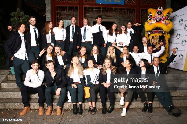 Athletes pose for a team photo during of the Australian 2022 Winter Olympic Games Team Welcome Home function at the Chinese Garden of Friendship on...