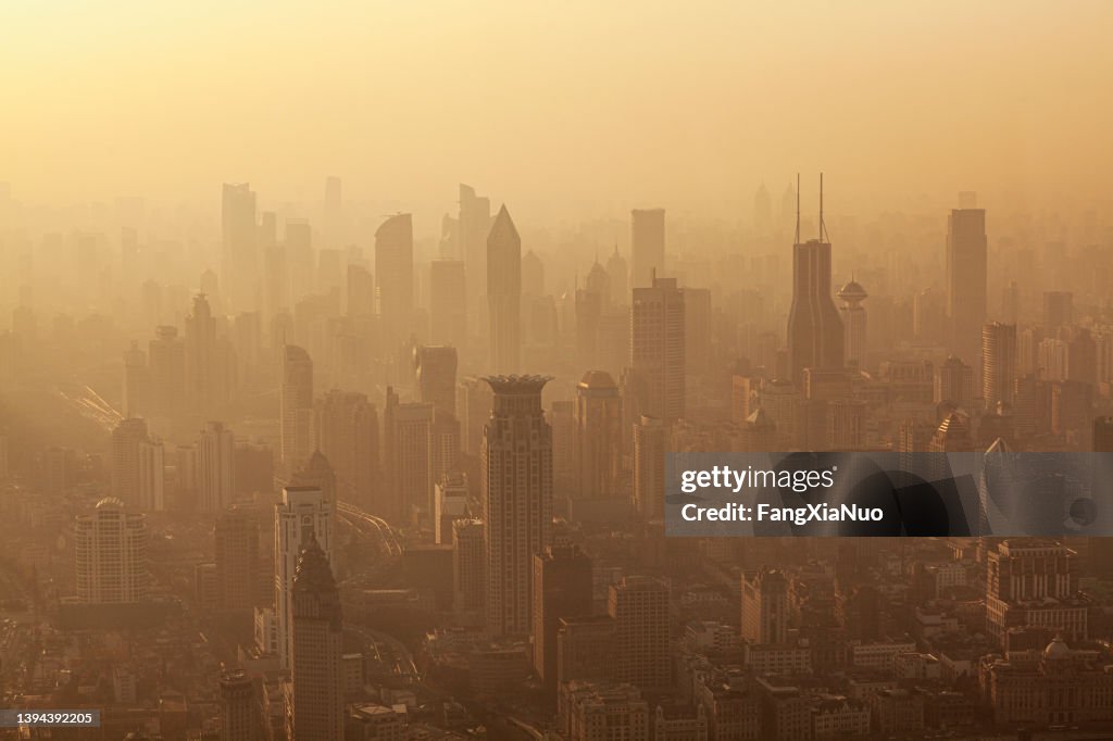 Air pollution seen over Shanghai's Puxi District buildings at dusk, China
