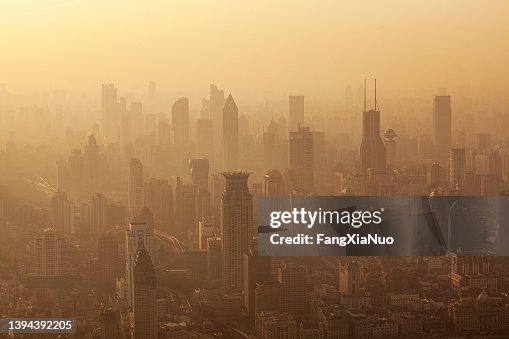 Air pollution seen over Shanghai's Puxi District buildings at dusk, China Air pollution seen over Shanghai's Puxi District buildings at dusk, China