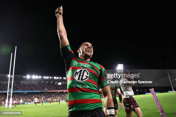 Cody Walker of the Rabbitohs celebrates scoring a try during the round eight NRL match between the South Sydney Rabbitohs and the Manly Sea Eagles at...