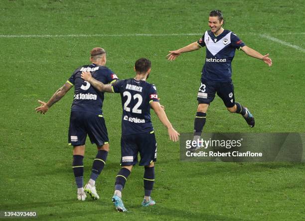 Marco Rojas of the Victory celebrates after scoring a goal during the A-League match between Melbourne Victory and Wellington Phoenix at AAMI Park,...