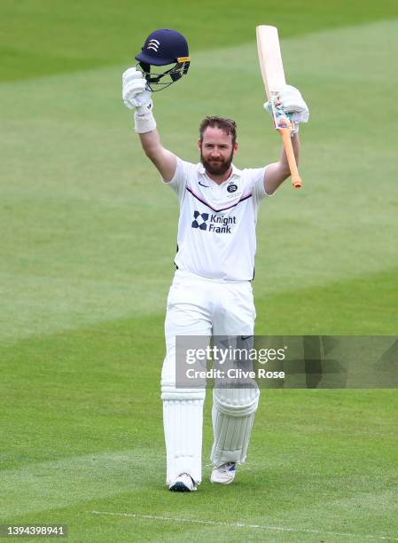 Mark Stoneman of Middlesex celebrates his century on day two of the LV= Insurance County Championship match between Middlesex and Leicestershire at...