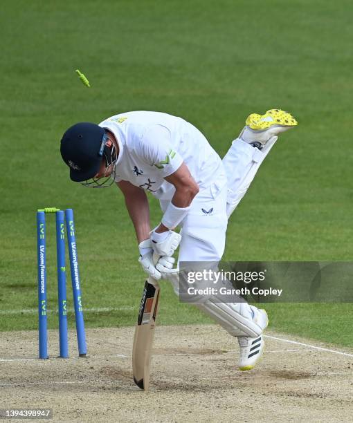 Nathan Gilchrist of Kent is bowled by Haris Rauf of Yorkshire during the LV= Insurance County Championship match between Yorkshire and Kent at...