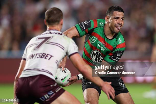 Cody Walker of the Rabbitohs passes during the round eight NRL match between the South Sydney Rabbitohs and the Manly Sea Eagles at Central Coast...