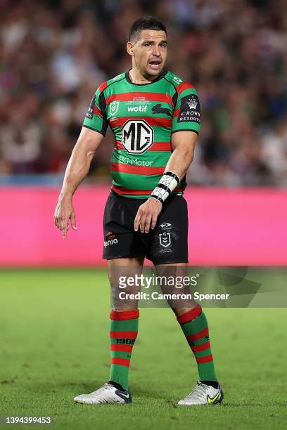 Cody Walker of the Rabbitohs signals to team mates during the round eight NRL match between the South Sydney Rabbitohs and the Manly Sea Eagles at...