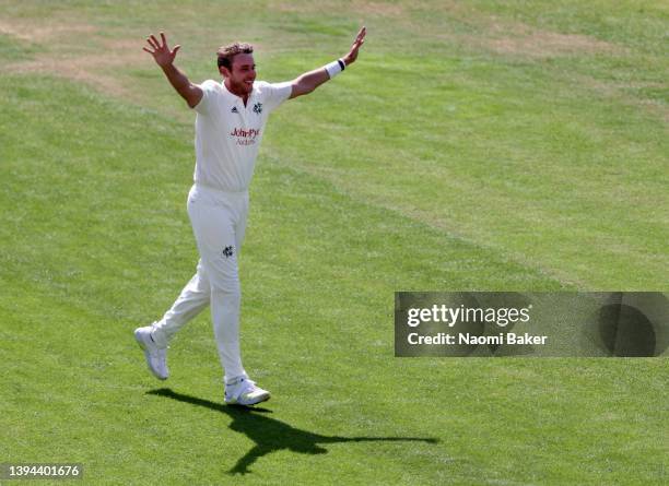 Stuart Broad of Nottinghamshire celebrates after bowling out Azhar Ali of Worcestershire during the LV= Insurance County Championship match between...