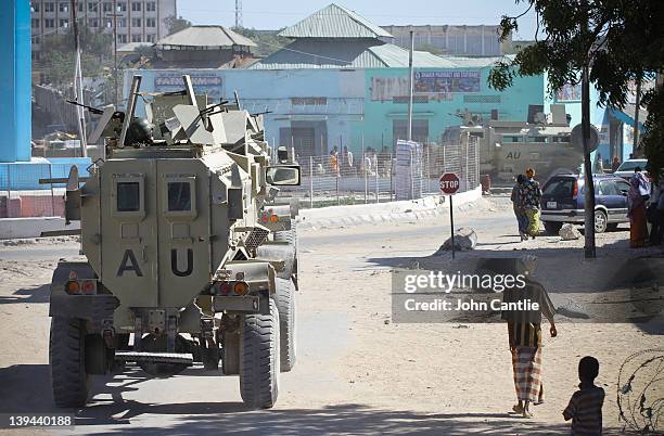 An AMISOM armoured vehicle patrols the K4 district of town on February 20, 2012 in Mogadishu, Somalia. As operations against Al Shabaab continue,...