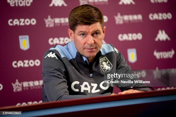 Steven Gerrard head coach of Aston Villa talks to the press during a press conference at Bodymoor Heath training ground on April 29, 2022 in...