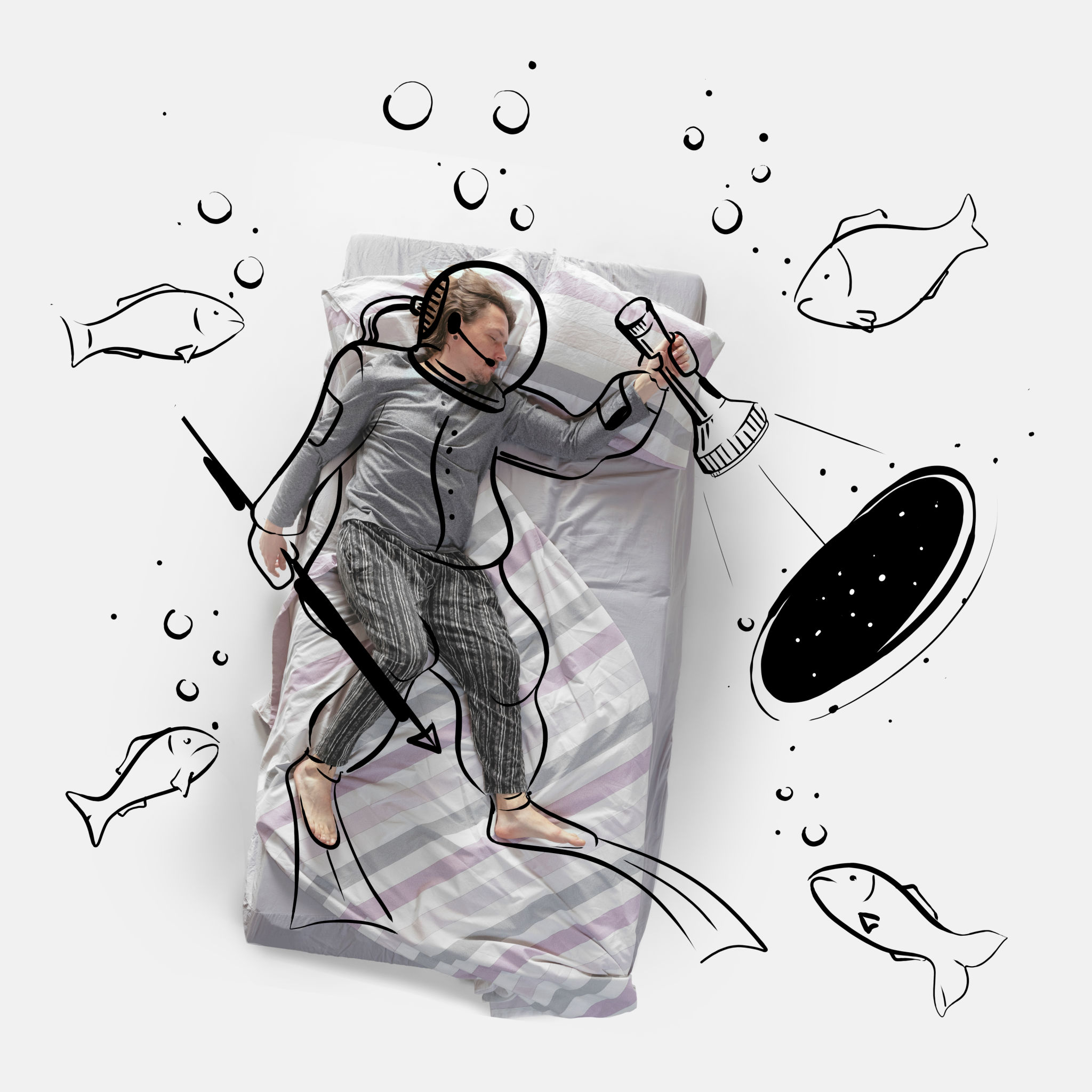 Creative image. Top view of young woman lying on bed, sleeping, dreaming about diving into ocean to look on fishes Creative image. Top view of young woman lying on bed, sleeping, dreaming about diving into ocean to look on fishes