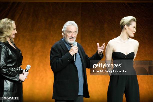 Kim Cattrall, Robert De Niro, and Leslie Bibb speak onstage during Lionsgate exclusive presentation at Caesars Palace during CinemaCon 2022, the...