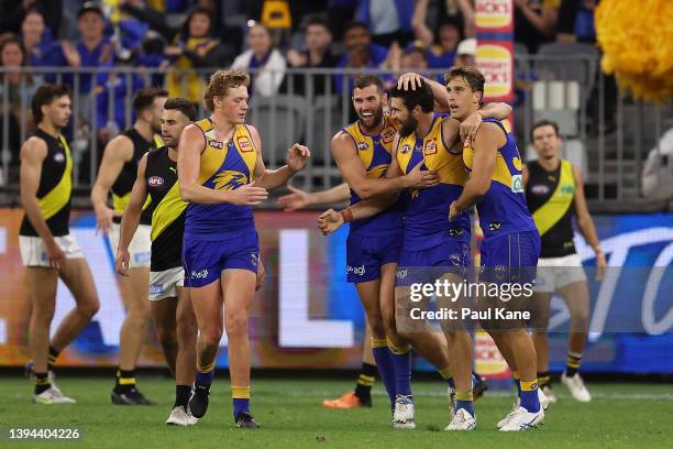 Josh J. Kennedy of the Eagles celebrates his 700th goal during the round seven AFL match between the West Coast Eagles and the Richmond Tigers at...