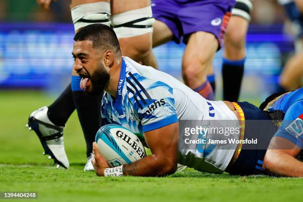 Akira Ioane of the Blues celebrates his try during the round 11 Super Rugby Pacific match between the Western Force and the Blues at HBF Park on...