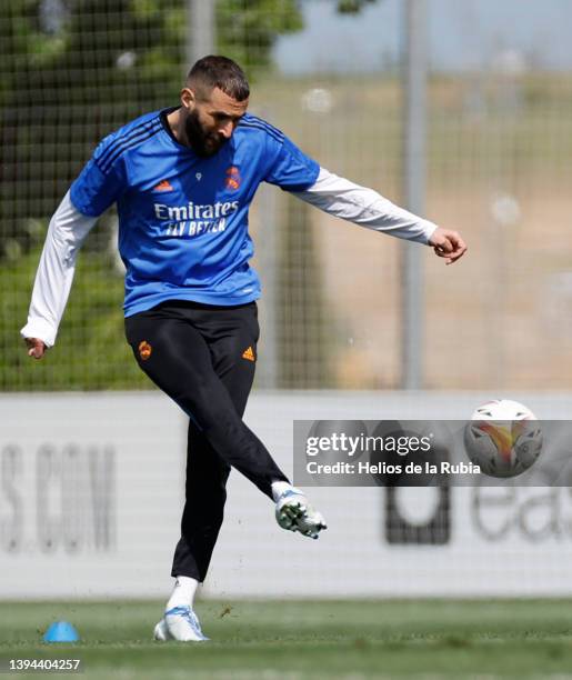 Karim Benzema player of Real Madrid is training at Valdebebas training ground on April 29, 2022 in Madrid, Spain.