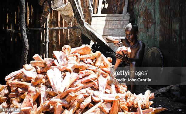 Somali splits camel bones in two to extract the marrow for making cooking oil on February 20, 2012 in Mogadishu, Somalia. As operations against Al...