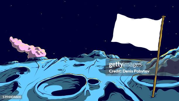illustrazioni stock, clip art, cartoni animati e icone di tendenza di bandiera sulla superficie della luna. il cielo sopra la superficie della luna. - moon landing