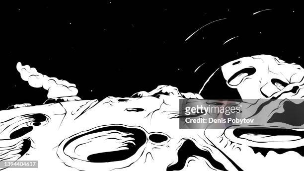 illustrations, cliparts, dessins animés et icônes de paysage spatial futuriste dessiné à la main - surface de la lune ou de l’astéroïde. - satellite view