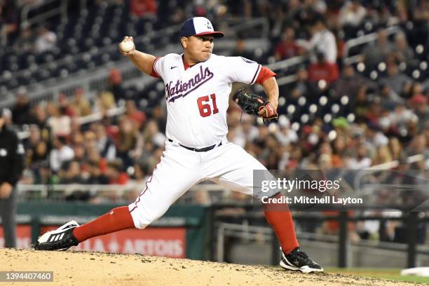 Erasmo Ramirez of the Washington Nationals pitches during a baseball game against the San Francisco Giants at the Nationals Park on April 22, 2022 in...