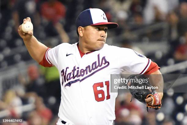 Erasmo Ramirez of the Washington Nationals pitches during a baseball game against the San Francisco Giants at the Nationals Park on April 22, 2022 in...