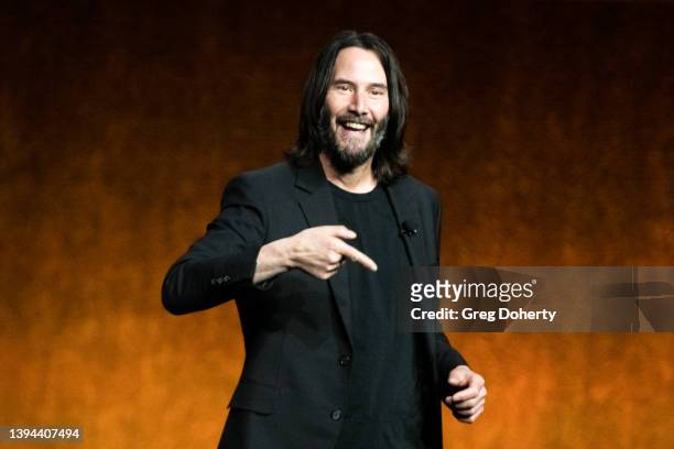 Actor Keanu Reeves presents the movie "John Wick: Chapter 4" during Lionsgate exclusive presentation at Caesars Palace during CinemaCon 2022, the...