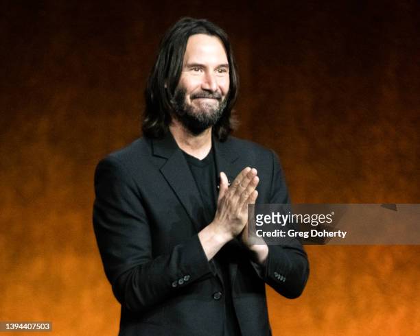 Actor Keanu Reeves presents the movie "John Wick: Chapter 4" during Lionsgate exclusive presentation at Caesars Palace during CinemaCon 2022, the...