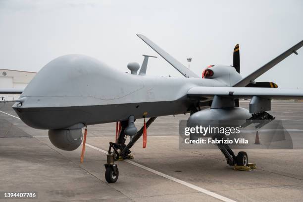 An Mq-9 Reaper type drone at the Naval Air Station at Sigonella, Sicily, the best equipped American intervention base in the Mediterranean on April...