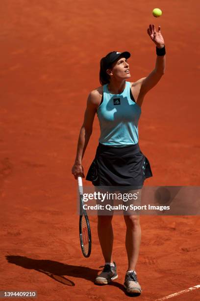 Andrea Petkovic of Germany reacts against Leylah Fernandez of Canada during Day Two of Mutua Madrid Open at La Caja Magica on April 29, 2022 in...