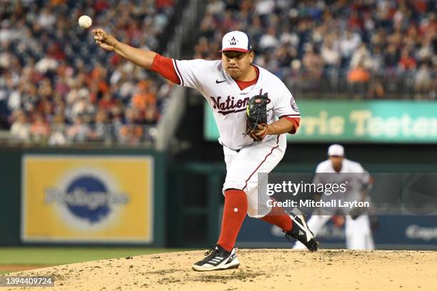 Erasmo Ramirez of the Washington Nationals pitches during a baseball game against the San Francisco Giants at the Nationals Park on April 22, 2022 in...