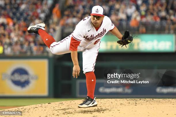 Erasmo Ramirez of the Washington Nationals pitches during a baseball game against the San Francisco Giants at the Nationals Park on April 22, 2022 in...