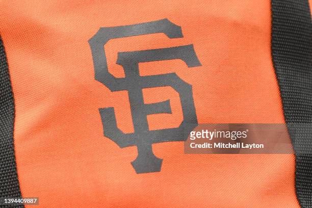 San Francisco Giants logo on a baseball bag before a baseball game against the Washington Nationals at the Nationals Park on April 22, 2022 in...