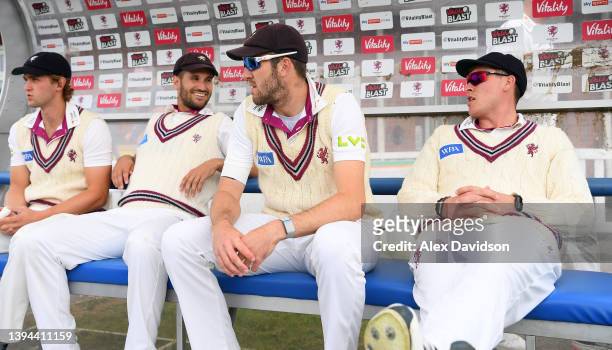 Tom Lammonby, Lewis Gregory, Craig Overton and Matt Renshaw of Somerset look on during Day Two of the LV= Insurance County Championship match between...
