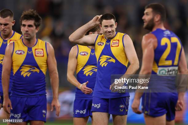 Jeremy McGovern of the Eagles looks on after being defeated during the round seven AFL match between the West Coast Eagles and the Richmond Tigers at...