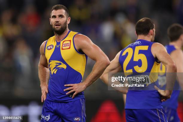 Jack Darling of the Eagles looks on after being defeated during the round seven AFL match between the West Coast Eagles and the Richmond Tigers at...