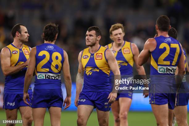 Luke Shuey of the Eagles looks on after being defeated during the round seven AFL match between the West Coast Eagles and the Richmond Tigers at...