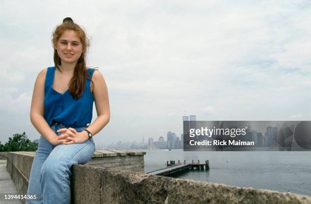 The world's youngest chess Grand Master Judith Polgar visiting the Statue of Liberty in New York.
