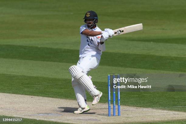 Cheteshwar Pujara of Sussex hooks during the LV= Insurance County Championship match between Sussex and Durham at The 1st Central County Ground on...