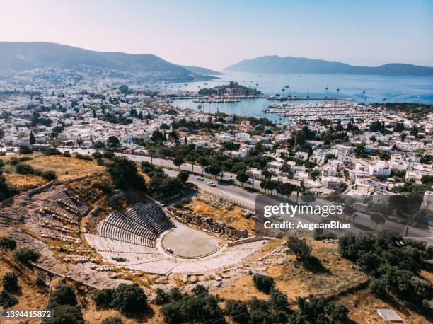 aerial view of the castle from the ancient theater of bodrum - bodrum turkey stock pictures, royalty-free photos & images