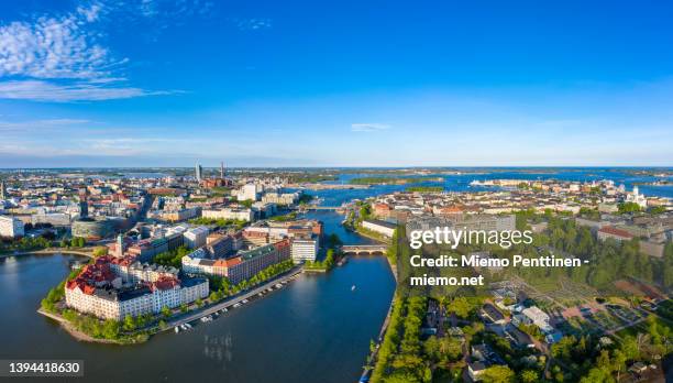 aerial view of hakaniemi and kaisaniemi districts in downtown helsinki in summer - finlandia fotografías e imágenes de stock