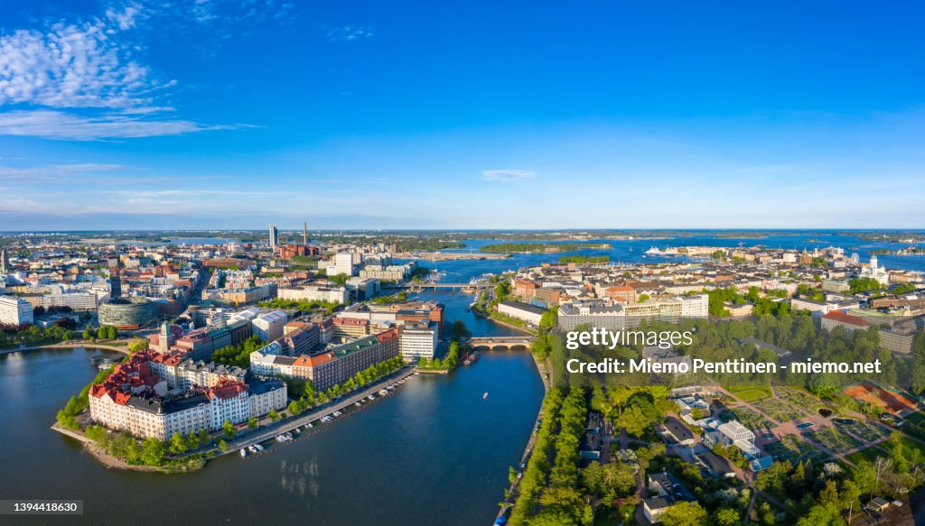 Aerial view of Hakaniemi and Kaisaniemi districts in downtown Helsinki in summer