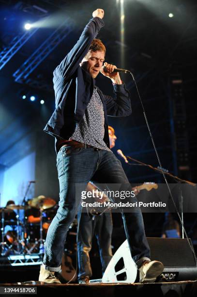 Singer Damon Albarn of the British musical group Blur performs live during a concert at the Rock festival in Rome, at the Capannelle Hippodrome. Rome...
