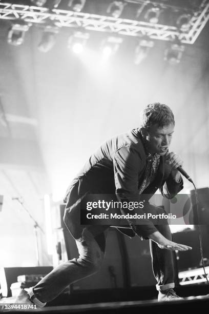 This image has been converted to black and white) Singer Damon Albarn of the British musical group Blur performs live during a concert at the Rock...