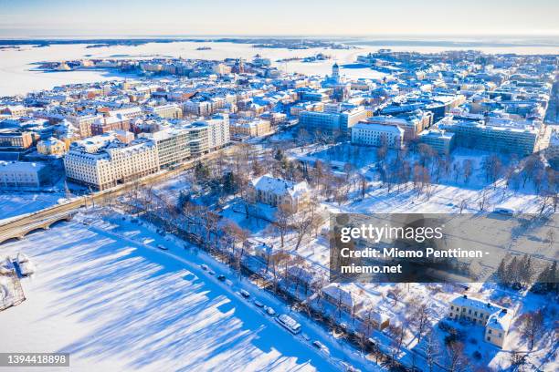 aerial view over kaisaniemi district in helsinki on a sunny winter day - europe winter ストックフォトと画像