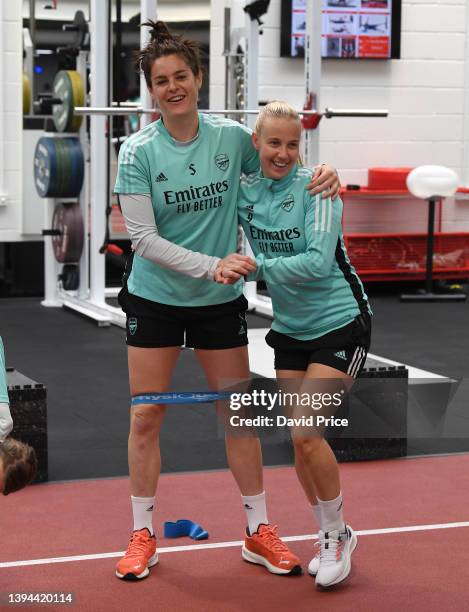 Jennifer eattie and Beth Mead of Arsenal during the Arsenal Women's training session at London Colney on April 29, 2022 in St Albans, England.