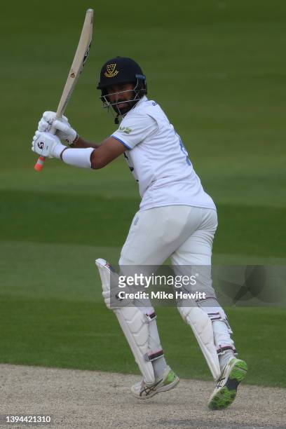 Cheteshwar Pujara of Sussex clips the ball off his legs for a boundary during the LV= Insurance County Championship match between Sussex and Durham...