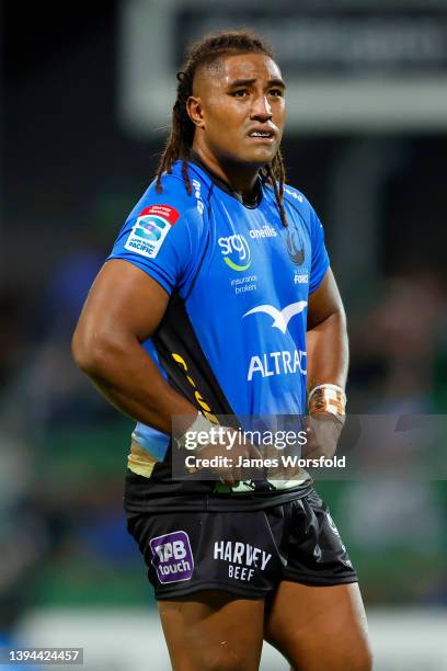 Feleti Kaitu'u of the Force looks on during a break in play during the round 11 Super Rugby Pacific match between the Western Force and the Blues at...