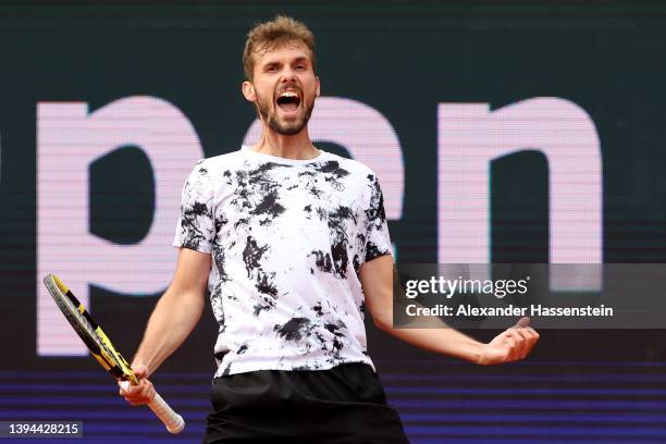 Oscar Otte of Germany celebrates victory after winning his quater-final match against Alejandro Tabilo of Chile on day seven of the BMW Open by...