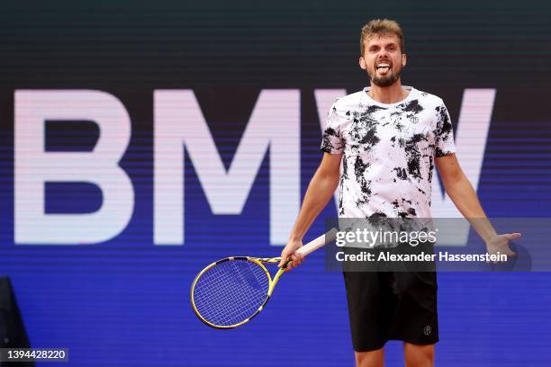 Oscar otte of Germany celebrates victory after winning his quater-final match against Alejandro Tabilo of Chile on day seven of the BMW Open by...