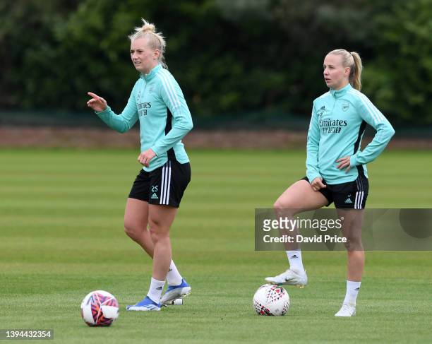 Stina Blackstenius and Beth Mead of Arsenal during the Arsenal Women's training session at London Colney on April 29, 2022 in St Albans, England.