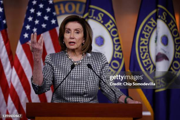 Speaker of the House Nancy Pelosi holds her weekly news conference in the U.S. Capitol Visitors Center on April 29, 2022 in Washington, DC. When...