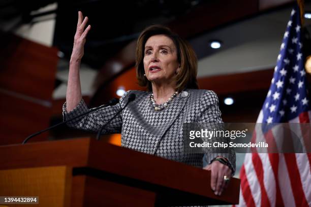 Speaker of the House Nancy Pelosi holds her weekly news conference in the U.S. Capitol Visitors Center on April 29, 2022 in Washington, DC. When...