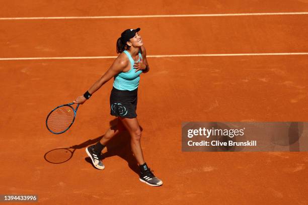 Garbine Muguruza of Spain celebrates after winning their first round match against Ajla Tomljanovic of Australia in straight sets during day two of...